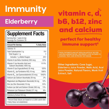 Hydrant Immunity, Individual Immune Hydration Powder Stick Packets with Vitamin C, Vitamin D, and Zinc for Electrolyte and Energy Support (Elderberry, 30 Count)