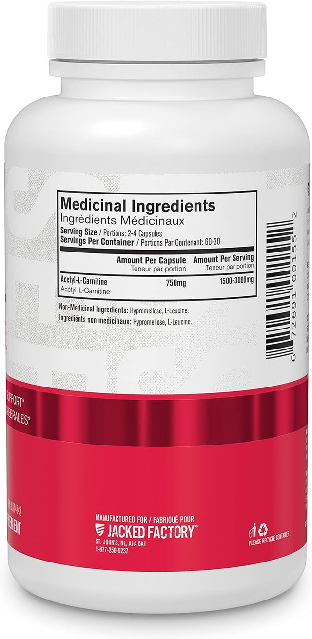 Jacked Factory Acetyl L Carnitine 750Mg Supplement - Extra Strength L-Carnitine (ALCAR) for Energy, Body Recomposition, Memory & More - Zero Fillers - 120 Non GMO Veggie Pills