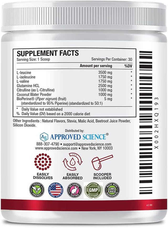 Approved Science® BCAA Powder - 2:1:1 BCAA Ratio - 3500 Mg L-Leucine - Fruit Punch Flavor - 25 Ounce - 30 Servings - Workout Boost, Endurance, Prevent Burnout - Bioperine - Vegan Friendly - 1 Tub