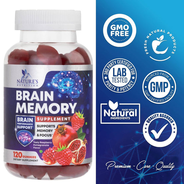 Nootropic Brain Booster Memory Supplement Gummy for Concentration & Mental Focus - Brain Health & Energy with B12, Phosphatidylserine, Coffee Extract, Nature'S Vitamins for Men & Women - 120 Gummies