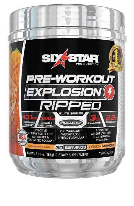 Pre Workout + Weight Loss | Six Star Preworkout Explosion Ripped | Pre Workout Powder for Men & Women | Preworkout Energy Powder Drink Mix | Sports Nutrition Pre-Workout Products, Peach Mango, 30 Serv