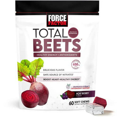 Total Beets Soft Chews with Beetroot, Nitrates, L-Citrulline, Grapeseed Extract, and Antioxidants, Healthy Energy Supplement with Elite Ingredients, Heart Health Superfood, Force Factor, 60 Chews