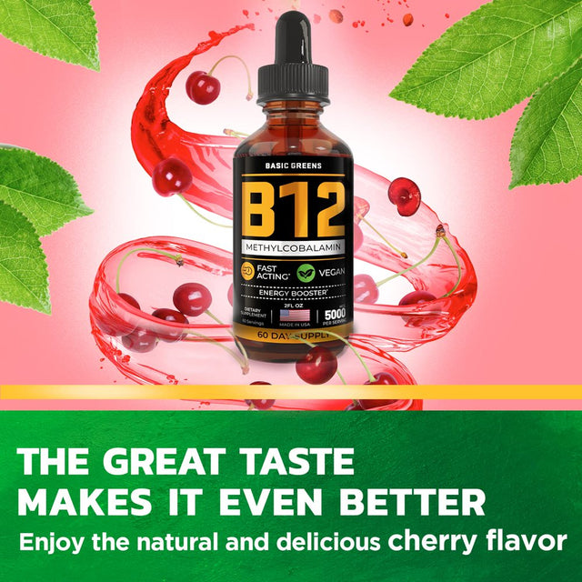 BASIC GREENS Vitamin B12 Sublingual (Vegan) 2 Fl Oz - Methylcobalamin B12 Vitamins 5000 Mcg, B12 Liquid, Liquid B12, B12 Drops, B-12 Vitamin Natural Cherry Flavor