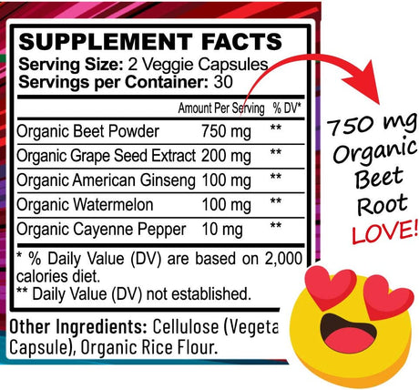 Beet Root Capsules - Circulation, Heart-Healthy Energy - W Grape Seed Extract & Ginseng 60 Count Vegan