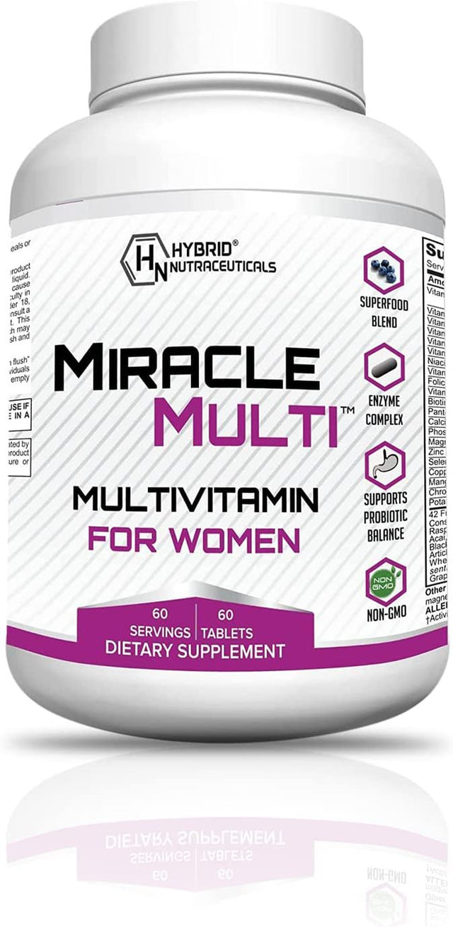 Miraclemulti Multivitamin Supplement for Women - Daily Vitamins and Minerals with Probiotics, Vitamin D3, Biotin, Folic Acid + 42 Fruit & Vegetable Blend - 60 Tablets