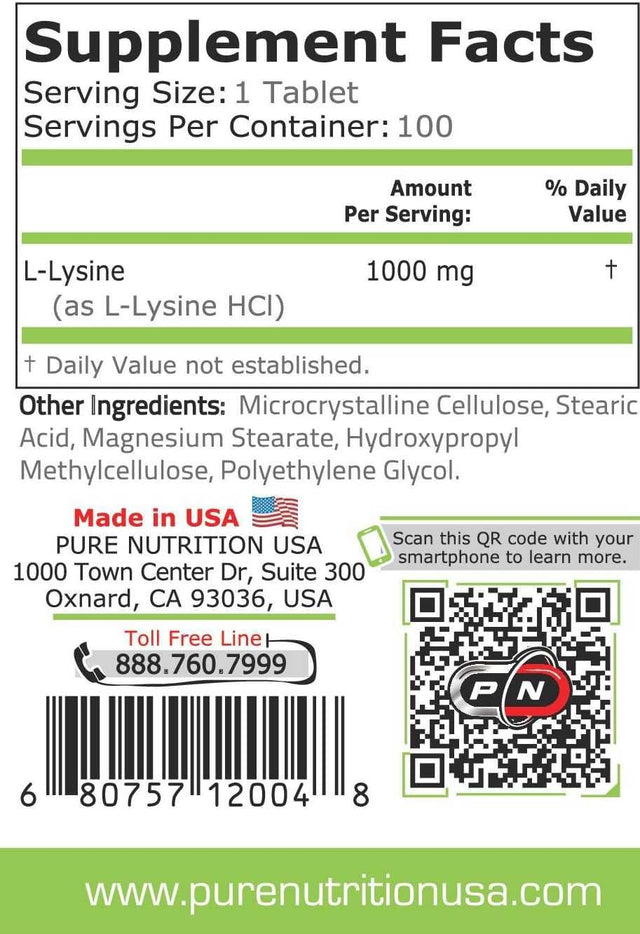 Pure Nutrition L LYSINE HCL 1000Mg Free Form Essential Amino Acid Capsules|Lip Care Supplement Collagen Elastin Production Synthesis|Skin Tissue Care|Immune System Support|100 Tablets|Vegan