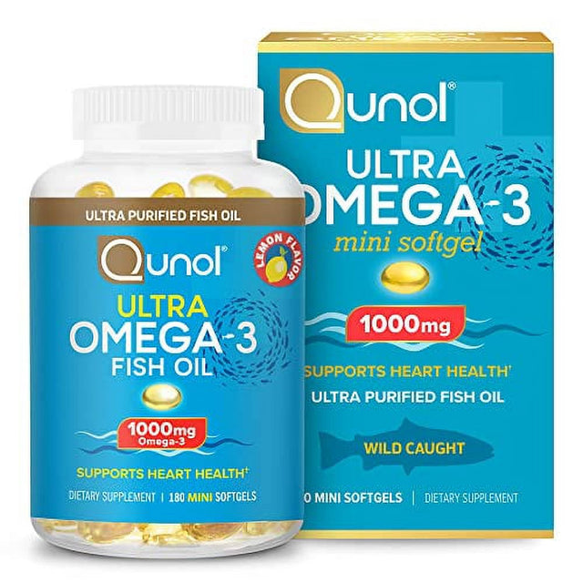 Qunol Omega 3 Fish Oil Mini Softgels, 1000Mg Ultra Pure Fish Oil, Heart Health Support, Omega 3 DHA Supplements, Lemon Flavor, 3 Month Supply, 180 Count