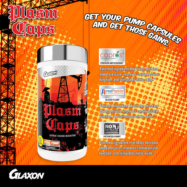 Glaxon Plasm Caps Nitric Oxide Booster, Stimulant-Free Pre Workout for More Intense Pump and Maximized Blood Flow with 1000Mg Betaine Nitrate, 84 Capsules