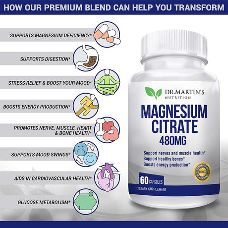 Magnesium Citrate 1500Mg | 60 Capsules Helps with Stress Relief, Sleep, Muscle Cramps, Healthy Bones & Healthy Heart