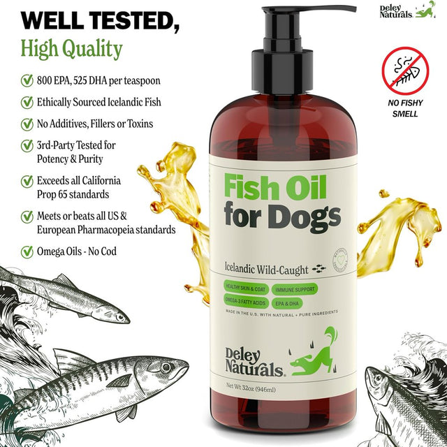 Deley Naturals Wild Caught Fish Oil Liquid Food Supplement for Dogs - Supports Skin, Immune System, 32Oz