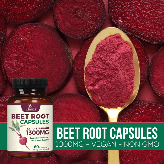 Beet Root Capsules - 1300Mg Extra Strength, Natural Beetroot Powder Extract - Nitric Oxide Supports Heart Health, Endurance & Energy - Vegan Herbal Extract Supplement - Nongmo - 60 Capsules