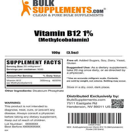 Bulksupplements.Com Vitamin B12 1% Methylcobalamin - B12 Vitamins - Vegan B12 - Energy Vitamins - Vitamin B12 Supplements (100 Grams)