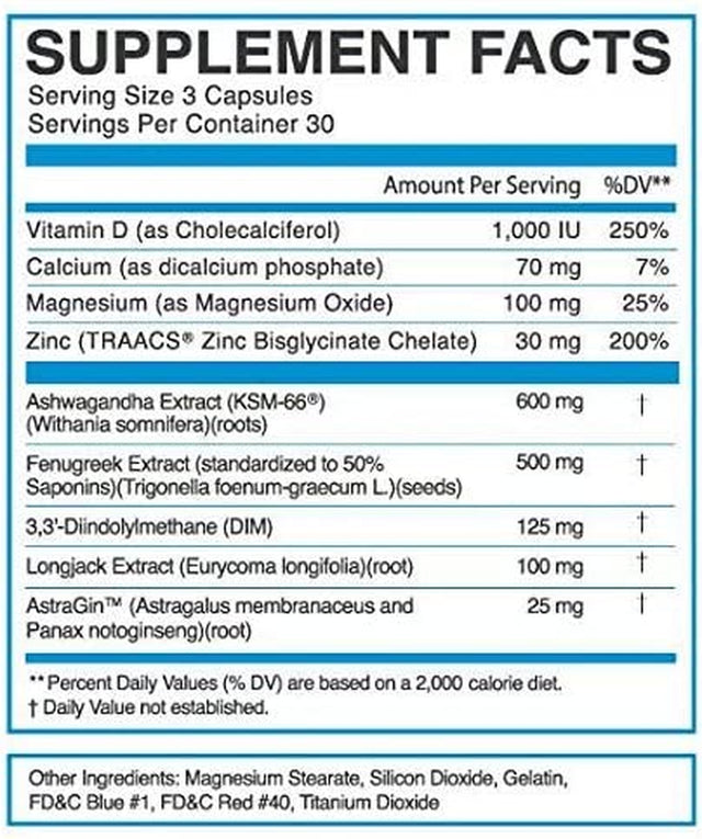 Eflow Nutrition Enflux Natural T Support with KSM-66 Ashwagandha - Supplement to Support Lean Body Mass for Men and Women - Fenugreek, DIM, Longjack & Astragin - 90 Capsules (30 Day Supply)