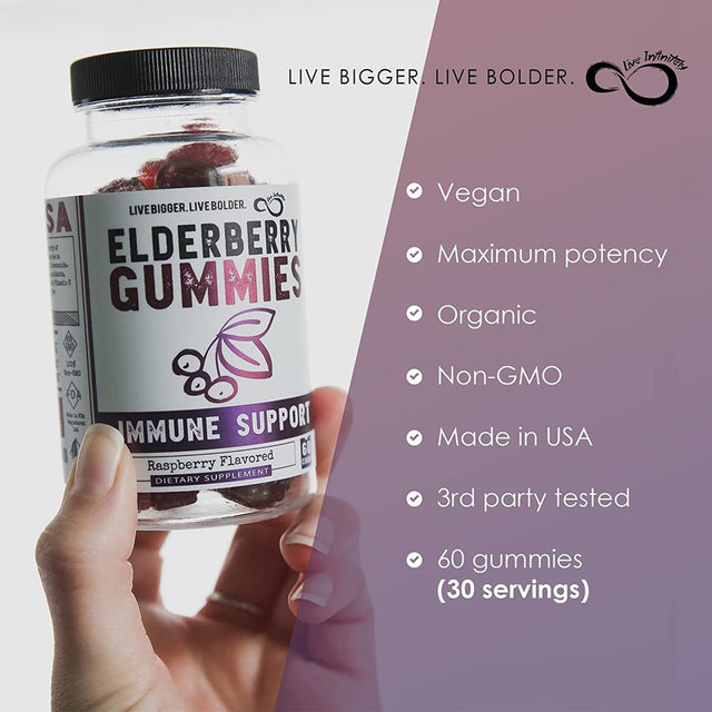 Live Infinitely Elderberry Gummies with Zinc and Vitamin C for Adults & Kids Gluten Free 60 Count