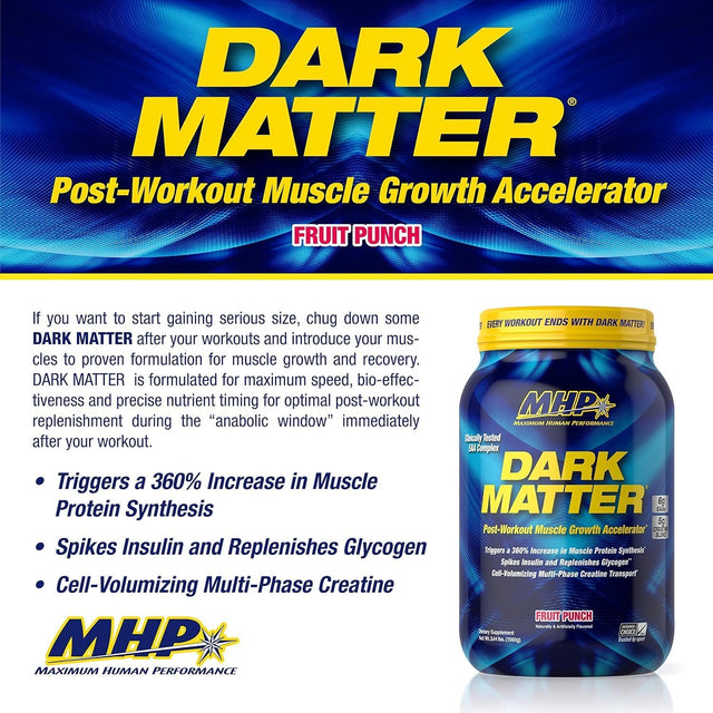 MHP Dark Matter Post Workout, Recovery Accelerator, W/Multi Phase Creatine, Waxy Maize Carbohydrate, 6G Eaas, Fruit Punch, 20 Servings, 55 Oz