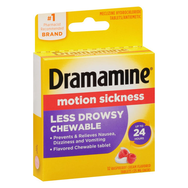 Dramamine Chewable Less Drowsy, Motion Sickness Relief, Raspberry Cream Flavor, 12 Count