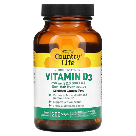 High Potency Vitamin D3, 250 Mcg (10,000 IU), 200 Softgels, Country Life