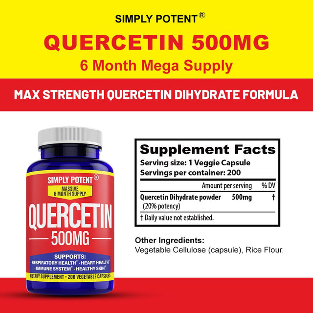 Quercetin 500 Mg 200 Veggie Capsules (Non-Gmo,Gluten Free), Supports Cardiovascular Health-Helps Improve Anti-Inflammatory & Immune System - Supports Healthy Aging & Overall Health