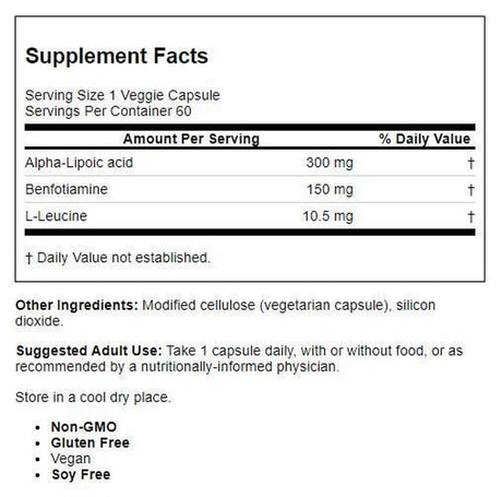 Doctor'S Best Benfotiamine 150 + Alpha-Lipoic Acid 300 with Benfopure, Non-Gmo, Vegan, Gluten Free, Promotes Healthy Blood Sugar, 60 Veggie Caps