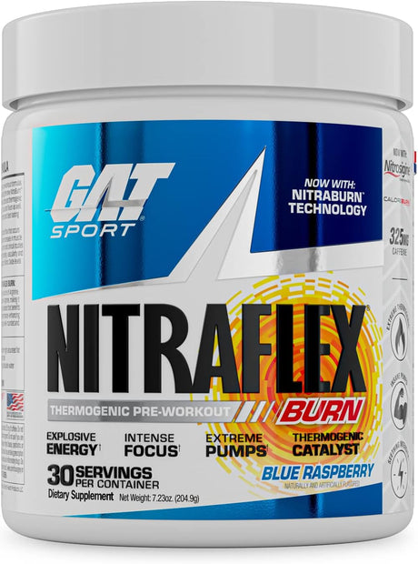 GAT Sport NITRAFLEX Burn, Pre-Workout, Blue Raspberry, 30 Servings