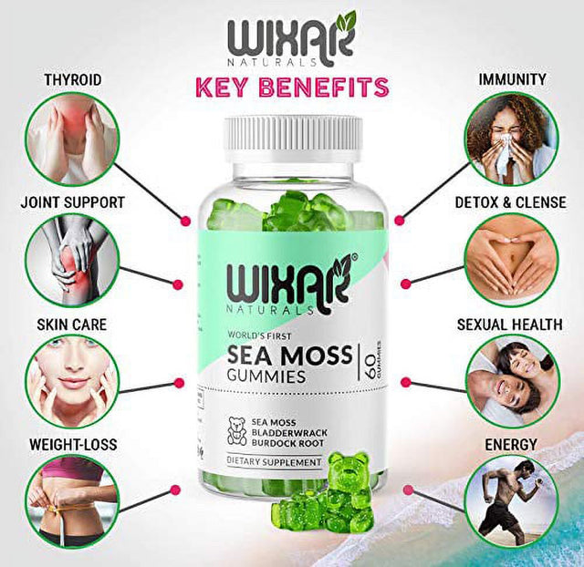 Wixar Naturals Sea Moss Gummies - Natural Irish Sea Moss and Bladderwrack with Burdock Gummy - 60 Gummies - Vegan - Thyroid, Healthy Skin, Keto Detox, Gut, Joint Support Alkaline Supplements