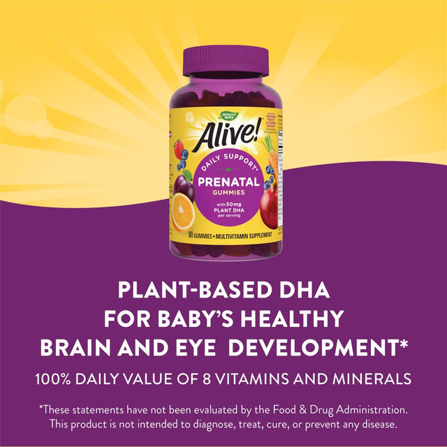 Alive! Prenatal Multivitamin Gummies for Women, 50Mg Plant-Based DHA per Serving, 90 Ct