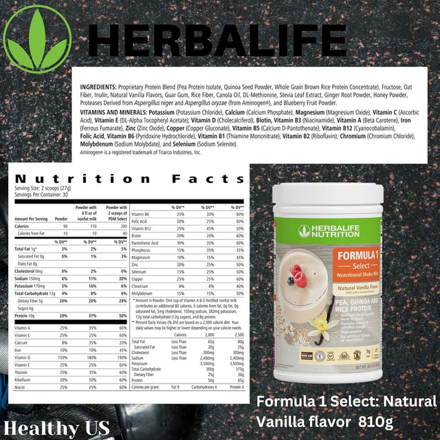 HERBALIFE Formula 1 Select: Nutritional Shake Mix - Natural Vanilla Flavor 810G, Nutrient Dense Healthy Meal or Snack, High Protein, No Artificial Flavor or Sweeteners, NON-GM, Gluten Free, Certified Vegetarian