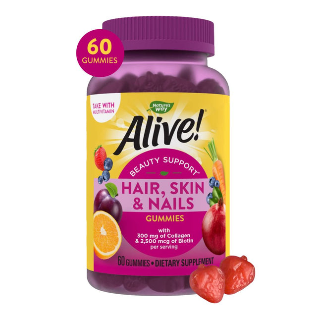 Nature’S Way Alive! Hair, Skin & Nails Gummies, Collagen & Biotin, Antioxidant Vitamins C & E, Strawberry Flavored, 60 Gummies