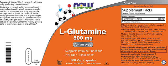 Now L-Glutamine 500Mg 300 Veg Capsules (Pack of 2) - Non-Gmo Supplement - Vegan Lglutamine 500 Mg Caps