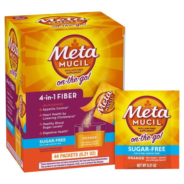 Metamucil Psyllium Husk Fiber Powder for Digestive Health, Sugar Free, Orange Flavor, 44 Packets