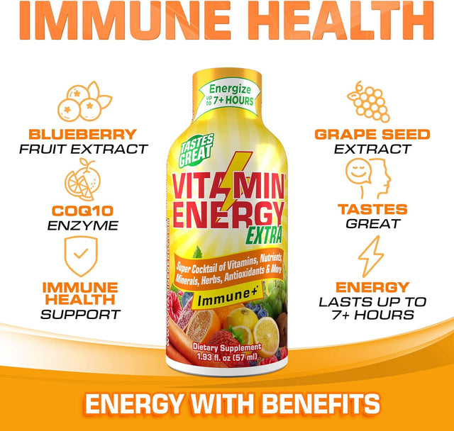 Vitamin Energy Extra Immune+ Energy Shots, Citrus Flavor, up to 7+ Hours of Energy, 1.93 Fl Oz, 24 Count