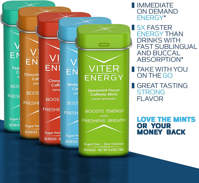 Viter Energy 40Mg Caffeine Mints, Sugar Free, B Vitamins, Vegan, Energy & Focus Nootropic Supplement (Variety Flavors, 20Pcs, 5 Pack, 120Pcs Total)