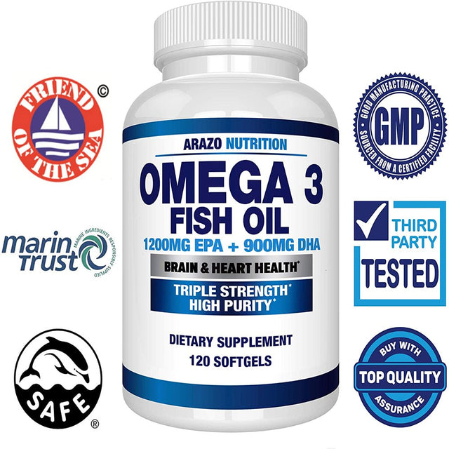 Omega 3 Fish Oil 4,080Mg - High EPA 1200Mg + DHA 900Mg Triple Strength Burpless Capsules - Arazo Nutrition (120 Count)