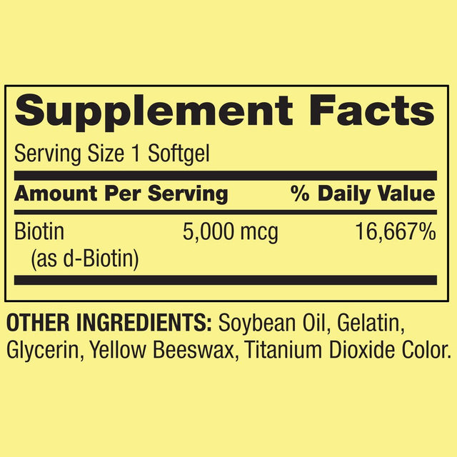 Spring Valley Biotin Hair/Skin/Nails Health Dietary Supplement Softgels, 5,000 Mcg, 120 Count