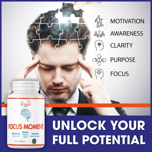 Ez-Focus Brain Focus Supplements for Memory Focus & Clarity, Potent Brain Booster for Men & Women, Elevate Brain Function Nootropic Power Support 90 Capsules