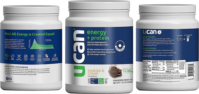 UCAN Energy + Whey Protein Powder - 19G per Serving with Amino Acids Eaas & Bccas - Keto, No Added Sugar, Gluten-Free - Cookies & Cream - 12 Servings