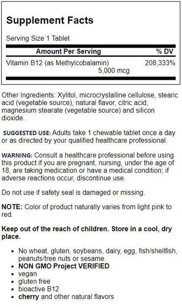 Jarrow Formulas Methyl B12 (Methylcobalamin) Cherry, Supports Brain Cells, 5000 Mcg, 60 Lozenges