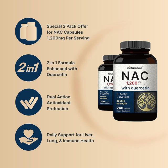 2 Pack NAC Supplement (N-Acetyl Cysteine) with Quercetin, 1,200Mg per Serving, 480 Capsules | Double Strength Antioxidant Support for Immune, Liver, & Lung Health – Non-Gmo