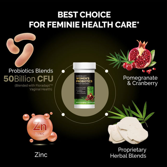 KORESELECT Probiotics for Women - Gut Health Supplements for Women, Vaginal Probiotics with Prebiotic Blend, Immune Support with Zinc - 60 Capsules