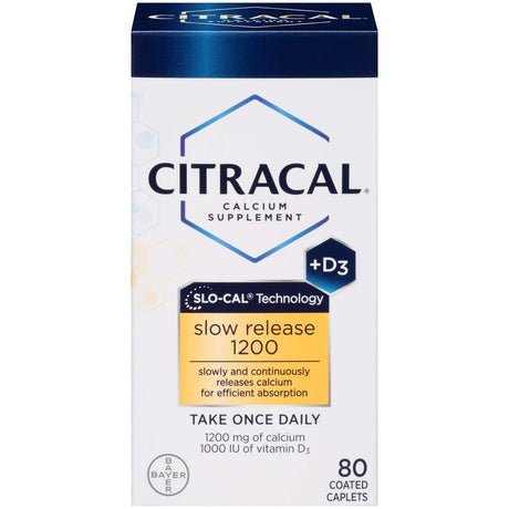 Citracal Slow Release 1200, 1200 Mg Calcium Citrate and Calcium Carbonate Blend with 1000 IU Vitamin D3, Bone Health Supplement for Adults, Once Daily Caplets, 80 Count