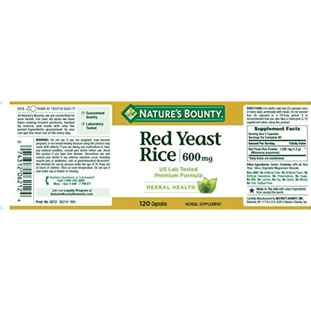 Natures Bounty Red Yeast Rice Pills and Herbal Health Supplement, Dietary Additive, 600Mg, 120 Capsules