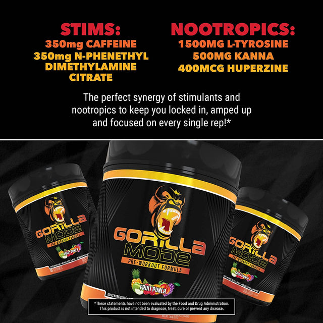 Gorilla Mode Pre Workout - Massive Pumps · Laser Focus · Energy · Power - L-Citrulline, Creatine, Glycerpump™, L-Tyrosine, Agmatine, Kanna, N-Phenethyl Dimethylamine Citrate - 574 Grams (Bombsicle)