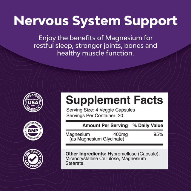 Pure Magnesium Glycinate 400Mg per Serving Capsules - Nature'S Craft High Absorption Magnesium Supplement for Women and Men 120Ct