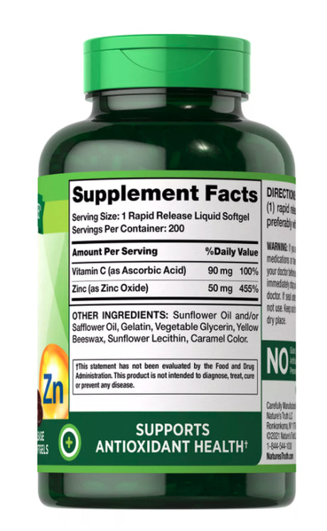 Nature'S Truth Zinc 50Mg + Vitamin C Softgels (200 Ct.)