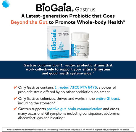 Biogaia Gastrus Chewable Tablets, Adult Probiotic Supplement for Stomach Discomfort, Constipation, Gas, Bloating, Regularity, Non-Gmo, 30 Tablets, 2 Pack