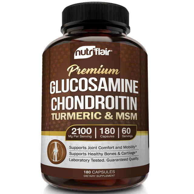 Nutriflair Glucosamine Chondroitin Turmeric MSM Boswellia Supplement, 180 Capsules - Natural & Non-Gmo - Antioxidant Pills - for Back, Knees, Hands, Joints, Cartilage