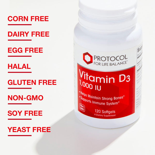 Protocol Vitamin D3 1,000 IU - Immune Support, Strong Bones and Teeth - 120 Softgels