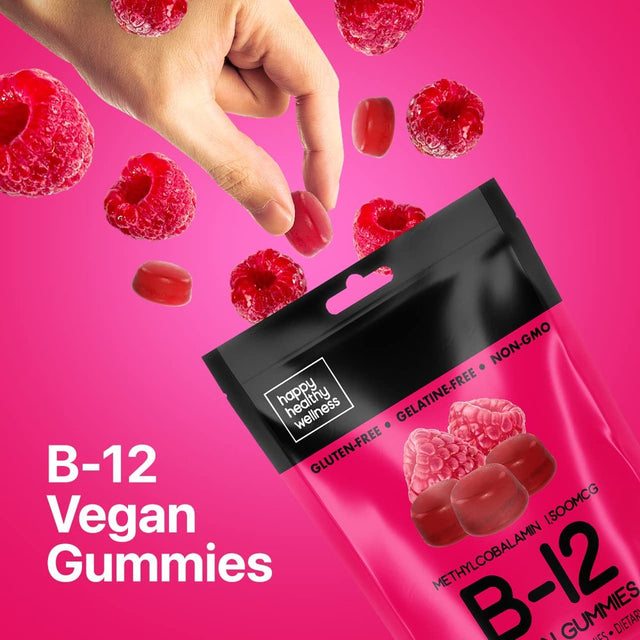 Happy Healthy Wellness B-12 Vegan Gummies for Women - Gelatin & Gluten Free Chewable Gummy for Immune Support & Digestion - Perfect Dietary Supplement - Raspberry