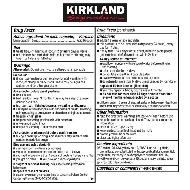 KS Lansoprazole 15 Mg. Acid Reducer, 42 Capsules