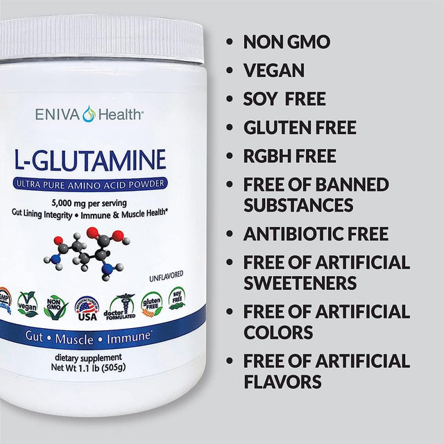 Eniva Health L-Glutamine Pure Powder, Unflavored (101 Servings) , Vegan, Gluten-Free, Sugar-Free, Non-Gmo , Doctor-Formulated, USA Made , Gut Health, Leaky Gut, Bloating, Muscle Health, Immune System